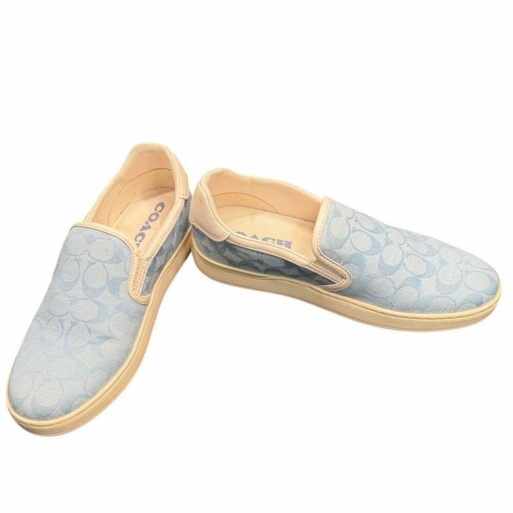 COACH C101 Slip On Sneakers Chambray Blue Signature Monogram Canvas Womens 9.5B
